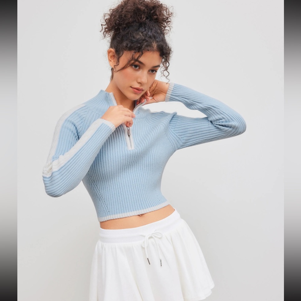 Light Blue Ribbed Zip-Up Sweater - Picture 3 of 11